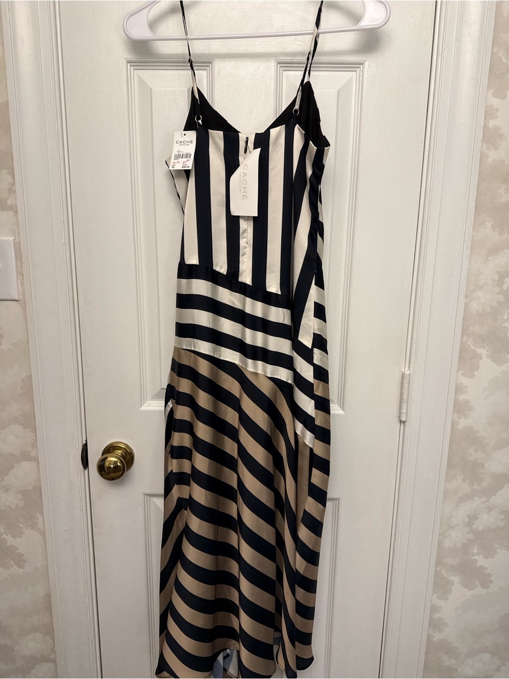 Cache Black, White & Tan Striped Satin Midi Slip Dress